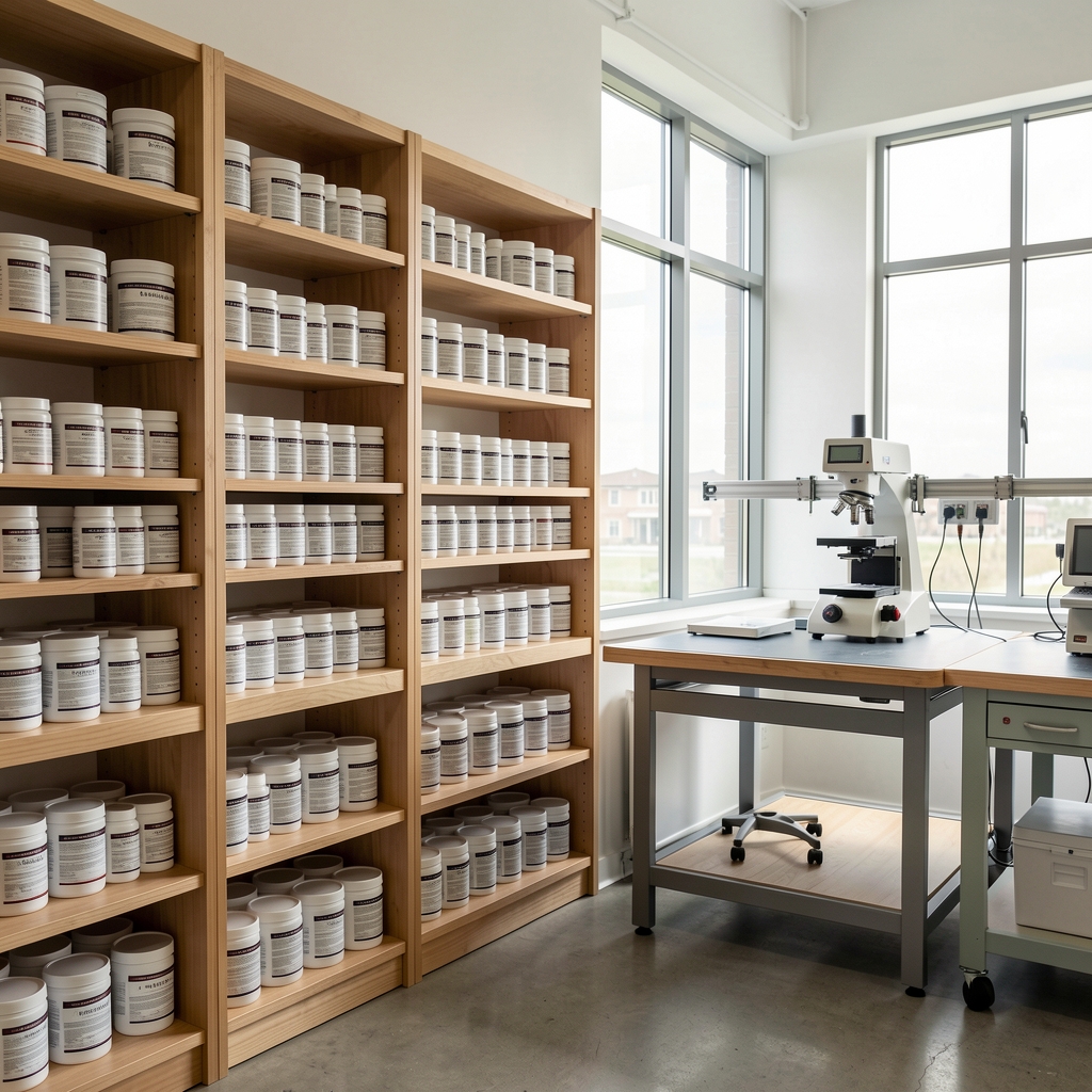 Interior of the Kaldorex London studio showing wooden shelving with lined supplement containers, a quality-control workbench and large windows with natural daylight