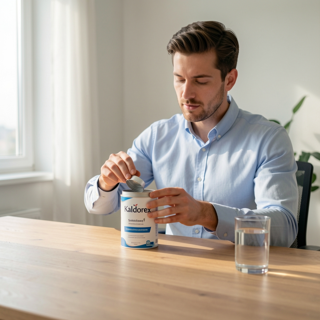 Man in a clean modern room opening a Kaldorex supplement tin at a wooden desk with a glass of water, morning light, calm atmosphere