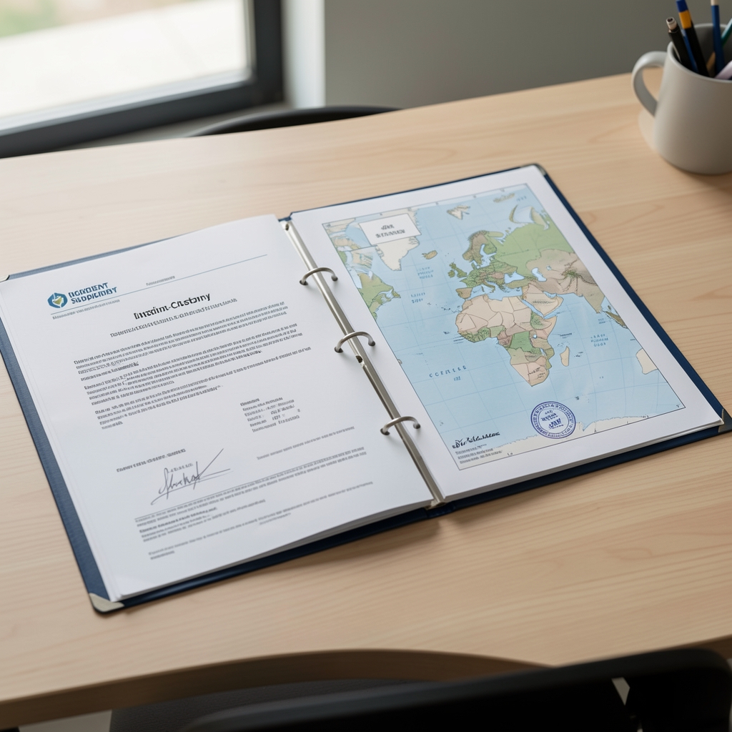Ingredient supplier documentation folder open on a light wooden desk showing chain-of-custody certificates and origin region maps