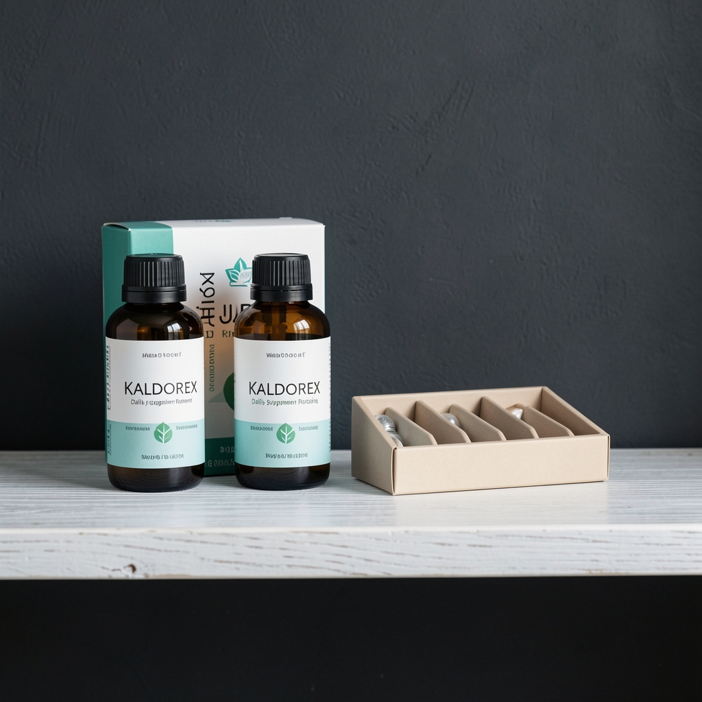 Kaldorex daily supplement routine packaging — two amber bottles and a weekly dispenser tray arranged on a white oak shelf against a dark wall