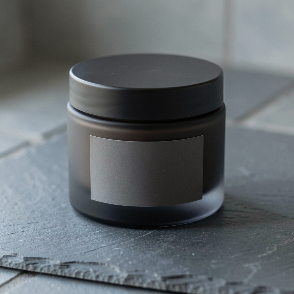 Close-up of a dark frosted glass face cream jar with a minimalist label on a slate tile surface