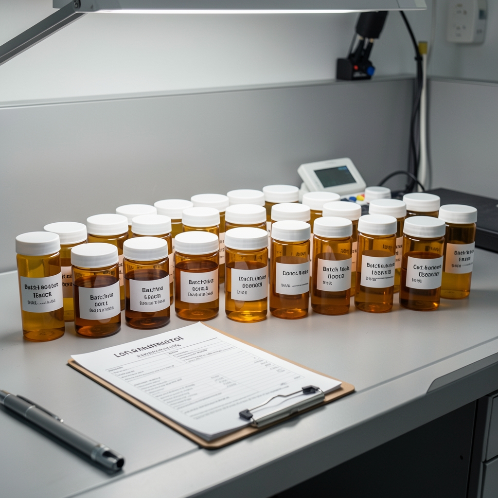 Kaldorex London studio quality-control bench with batch-coded amber containers lined up under controlled lighting, clipboard with lot documentation visible